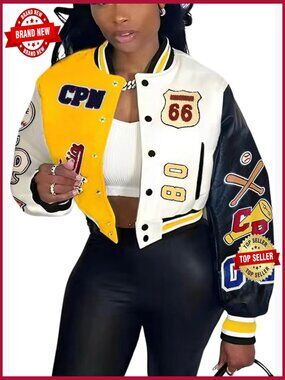 Cropped Bomber Varsity Jacket with Patches - S-XXL